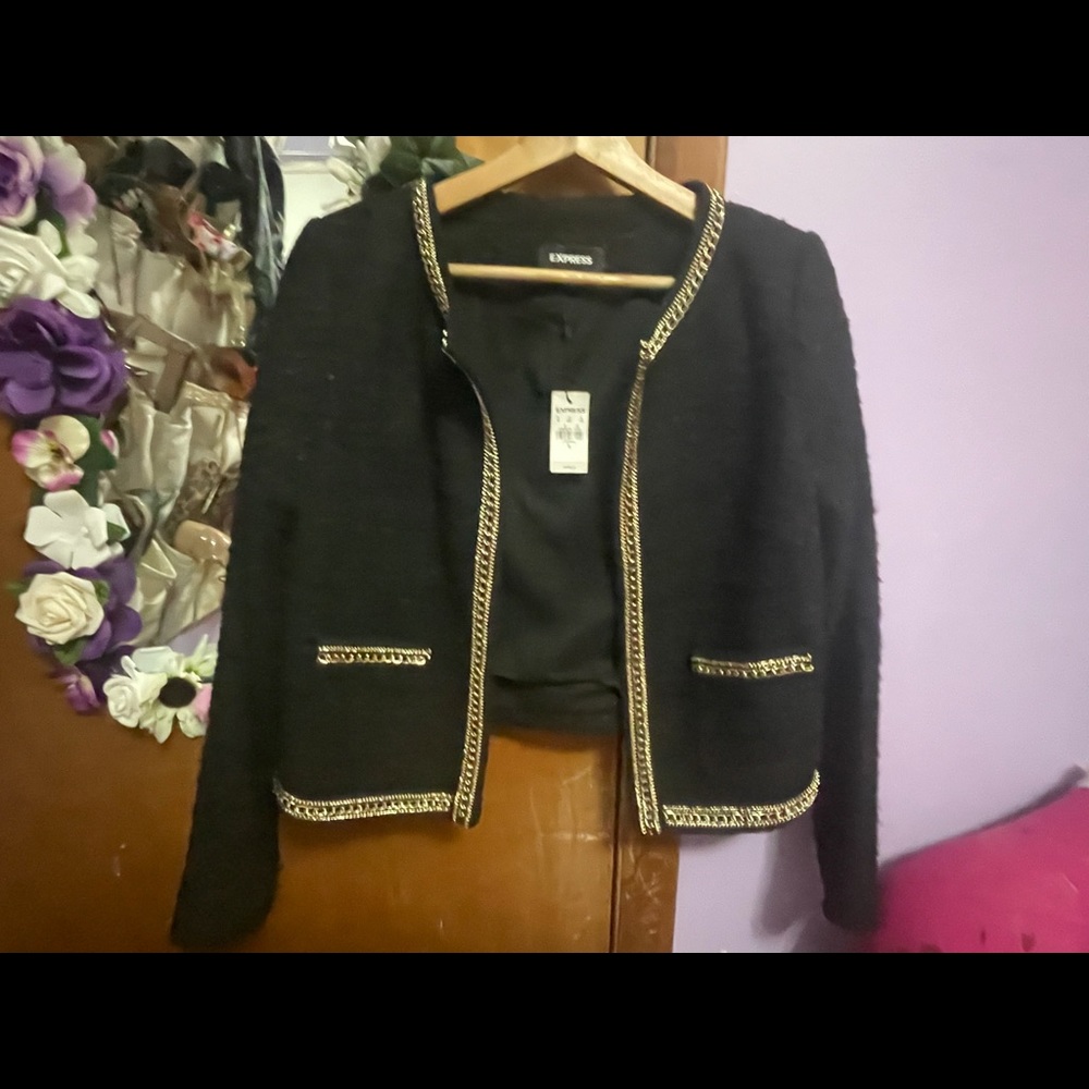 Express Black Tweed Blazer / Sweater / Jacket with Gold Chain Trim.